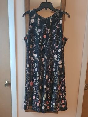 Floral A-Line Sleeveless Dress in Black with Pink & Green Accents